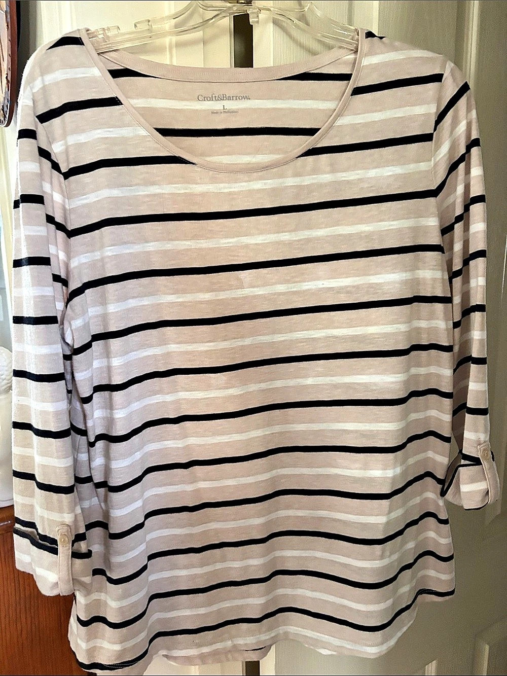 Craft & Barrow Striped Long Sleeve Top Pink & Black Large Like New